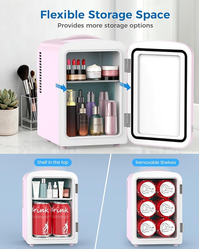 Electactic Mini Fridge for Skincare, 4L/6 Cans Portable Compact Cosmetic Fridge, Retro Desktop Fridge with AC/DC Adapters, Small Cooler and Warmer for Beverage, Makeup, Bedroom, Office, Kids, Pink - Image 5