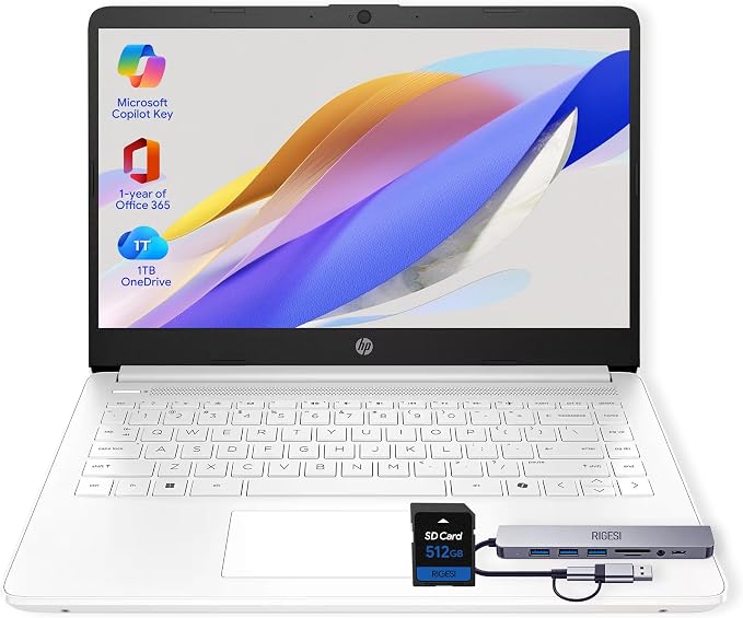 HP 14" Laptop · Microsoft 365 Included · 576GB Storage (64GB + 512GB SD) · 4GB RAM · HD Display · 12-Hour Battery · WiFi · Bluetooth · Windows 11 White by Unknown
