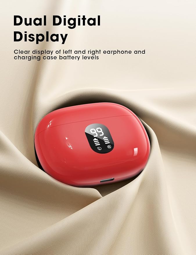 Wireless Earbuds, Hi-Fi Deep Bass Ear Buds, 48H Playtime In-Ear Headphones | 2 Mics for Clear Calls, LED Display, IPX7 Waterproof, Touch Control, Lightweight Bluetooth Earphones for iPhone/Android, Red - Image 6