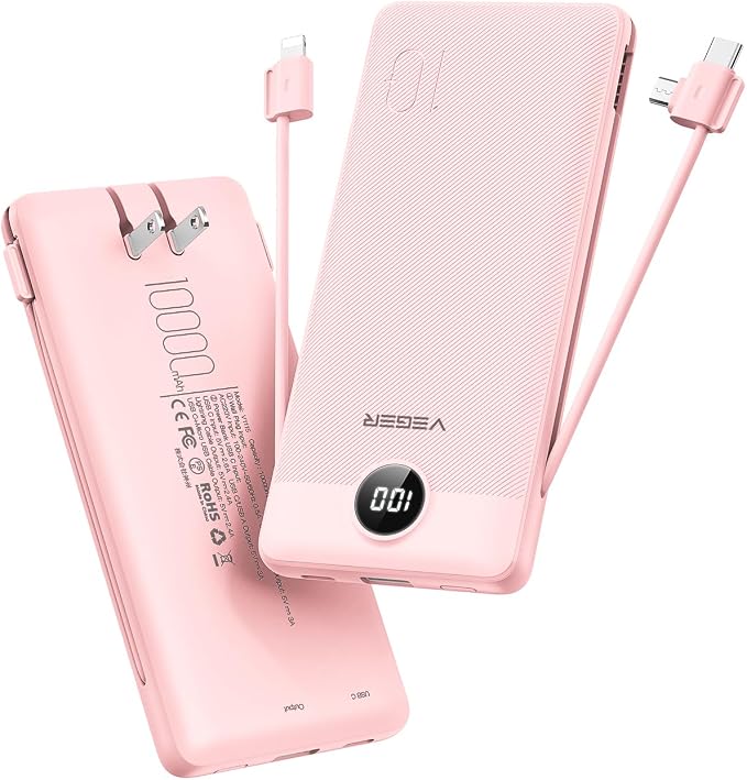 VEGER Portable Charger with Built-in AC Plug and Cables, All in One 10000mAh Ultra Slim Power Bank Travel Essentials, Fast Charging Battery Pack Compatible with iPhone, Samsung, Android (Crepe) by VEGER