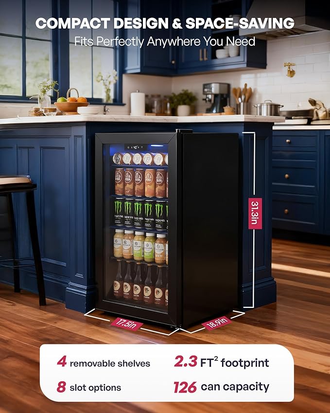 Beverage Refrigerator Cooler, 126 Can Mini Fridge with Glass Door for Wine, Soda Beer, Beverage Cooler for Home, Bar, Office with Adjustable Removable Shelves, Black - Image 2