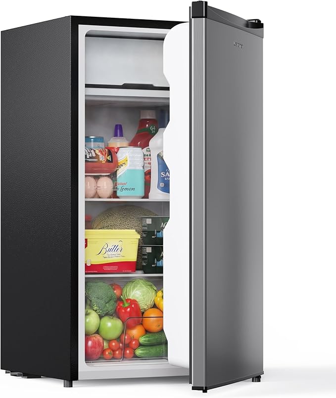 Upstreman 3.2 Cu.Ft Mini Fridge with Freezer, Stainless Steel-SR321 | Adjustable Thermostat, Energy Saving, Low Noise, Reversible Door, Small Refrigerator for Dorm, Bedroom, Office by StartUpLiveBetter