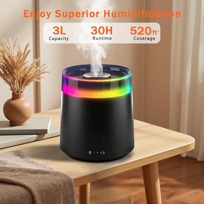 Humidifiers for Bedroom Home,3L Top Fill Cool Mist Humidifier for Baby Nursery,Essential Oil Diffuser for Large Room,3 in 1 Quiet Ultrasonic Humidifier for,Office,Plant,Nursery,BPA FREE(Black) - Image 7