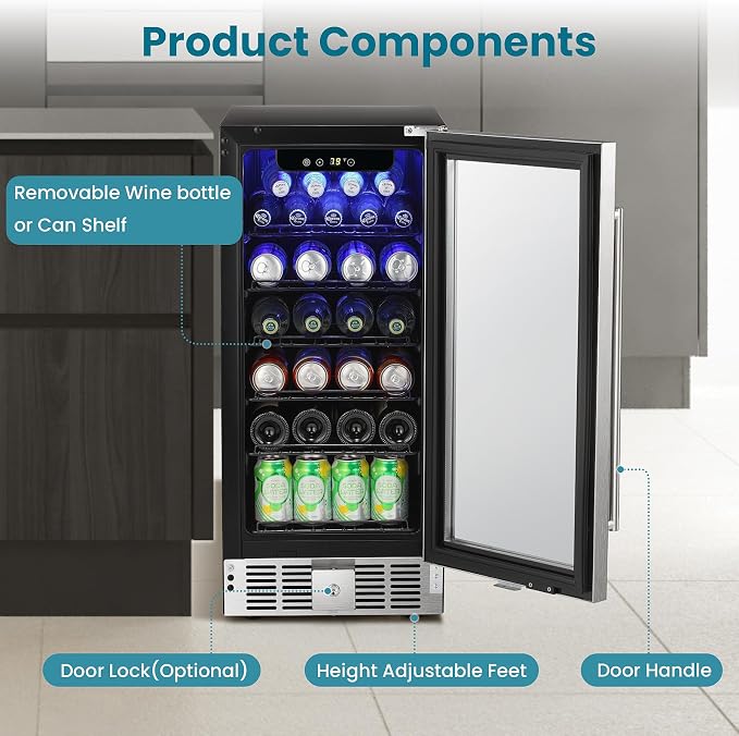 Antarctic Star 115 Can Beverage Refrigerator Cooler, 2.9 Cu.Ft Mini Fridge with Safety Lock, Beverage Cooler with Glass Door/LED Light/Adjustable Removable Shelves for Home/Office/Bar(Stainless Steel) - Image 5