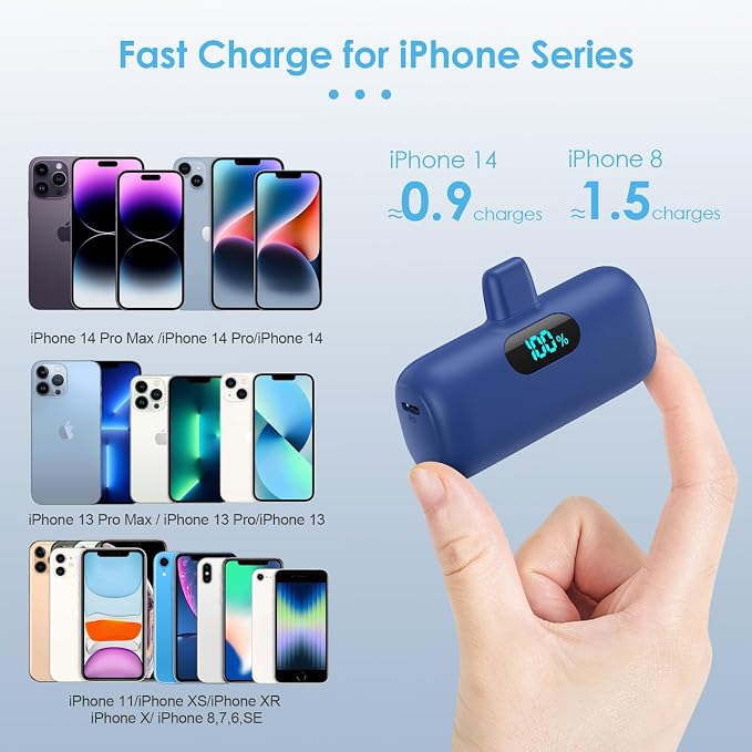 [2 Pack] Small Portable Charger for iPhone,Upgraded 5000mAh PD Fast Charging Power Bank, LCD Display Cute Mini Battery Pack Compatible with iPhone 14/14 Pro Max/13/13 Pro/12 Pro/11/XR/X/8,Blue+Pink - Image 2