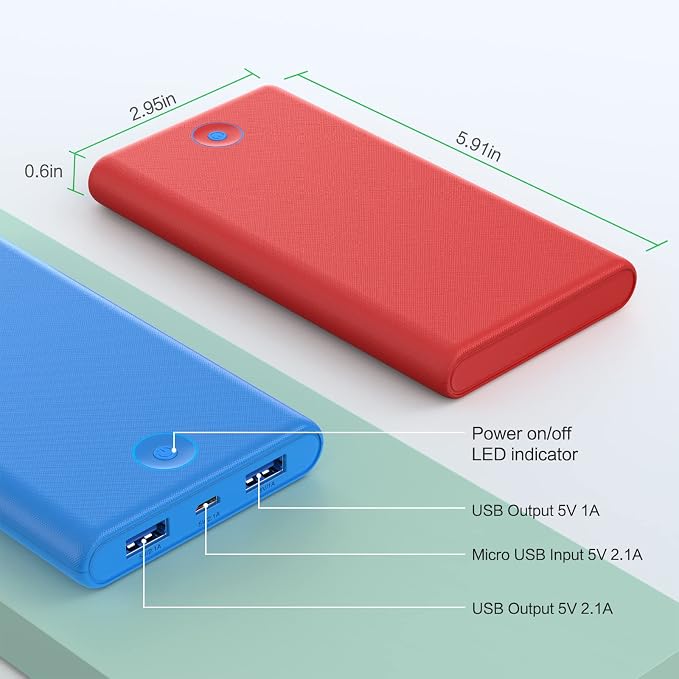 [2-Pack] Portable Charger Power Bank 20000mAh,Ultra Slim Fast Charging Battery Pack with Dual USB Outputs,Travel Essential Portable Phone Charger for iPhone 17/16/15/14/13/12/X,Galaxy S24-Red+Blue - Image 6