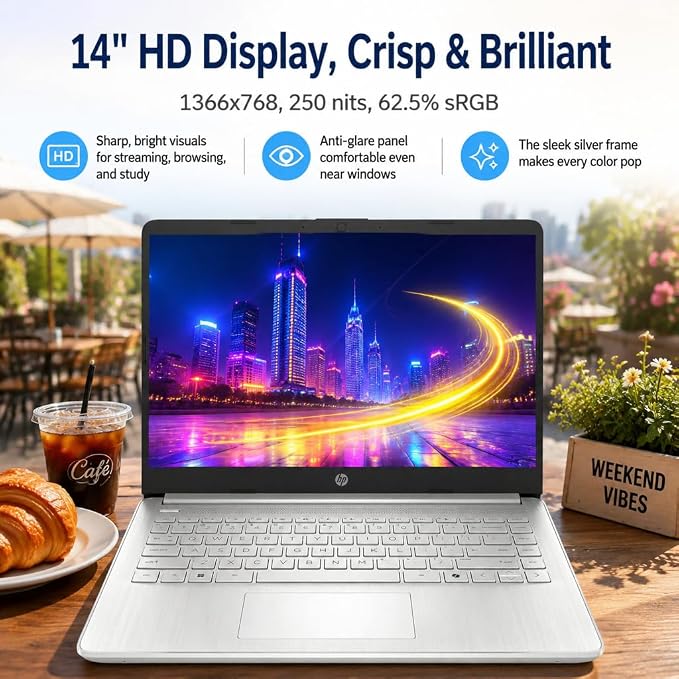 HP 14 Laptop for Students and Home Use, Intel Processor N150, 16GB RAM | 128GB UFS+256GB MSD, 14" HD Display, Wi-Fi 6, 1-Year Microsoft 365, Copilot AI Key, Lightweight, Natural Silver, W/Mouse - Image 4