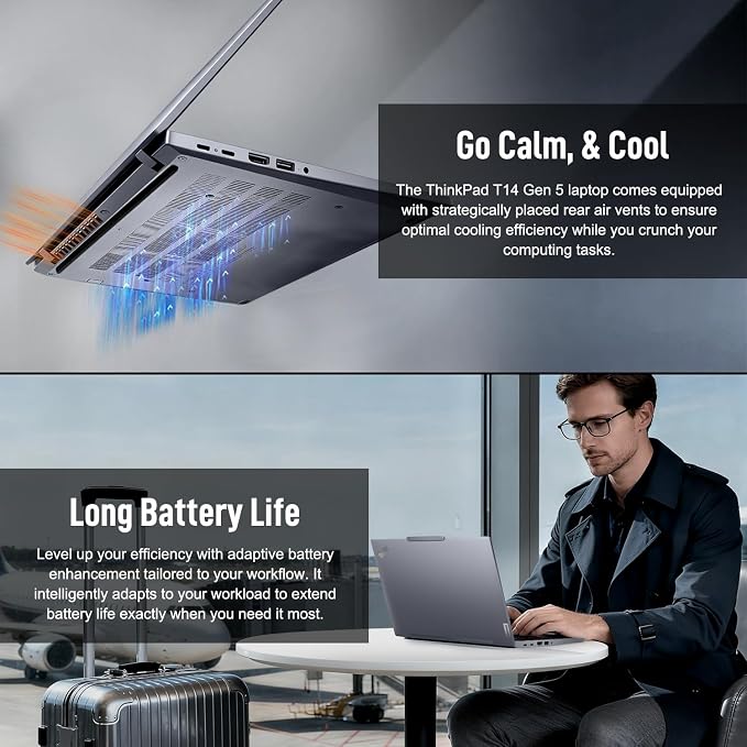 Lenovo ThinkPad T14 Business AI Laptop, 14" FHD+ IPS, Intel Core Ultra 7 155U, 16GB DDR5, 512GB SSD, 5MP Webcam, Fingerprint, Backlit, Wi-Fi 6E, Thunderbolt 4, Windows 11 Pro, 7-in-1 USB-C Hub Bundle - Image 6