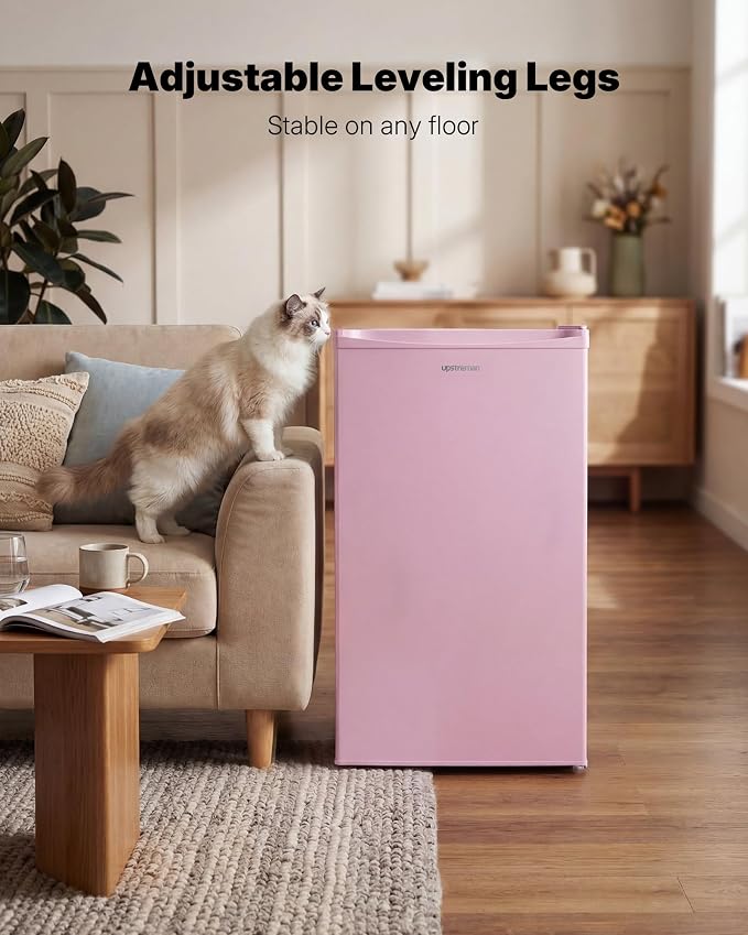 Upstreman 3.2 Cu.Ft Mini Fridge with Freezer, Pink-BR321 | Adjustable Thermostat, Energy Saving, Low Noise, Reversible Door, Small Refrigerator for Dorm, Bedroom, Office - Image 6