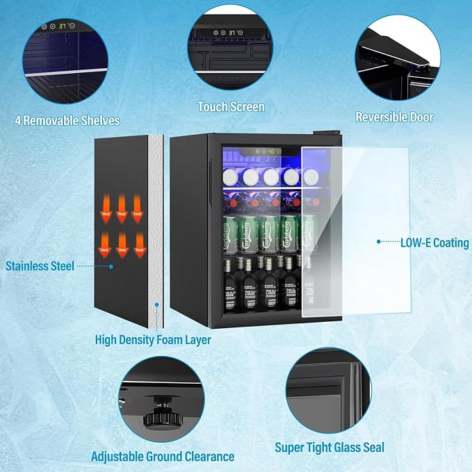 Erivess Compact Beverage Refrigerator, 105 Can/2.7 Cubic Feet Fridge with Glass Front Door for Soda, Beer or Wine, Under Counter Small Refrigerator with Adjustable Shelve & Digital Display(Black) - Image 2