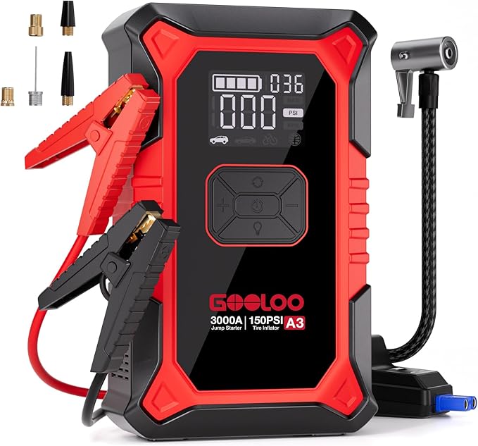 GOOLOO A3 Jump Starter with Air Compressor, 3000A Portable Car Battery Booster (9.0 Gas/6.5L Diesel) with 150PSI Auto-Shutoff Tire Inflator, 12V Supersafe Lithium Jump Box Car Battery Jumper Starter by GOOLOO