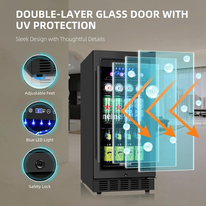 ORYMUS 15 Inch Beverage Refrigerator, 130 Cans Drink Fridge with Glass Door & Lock, Under Counter or Freestanding Beverage Cooler for Soda, Beer & Water, Upgraded Quiet Compressor, Memory Temp, Black - Image 7