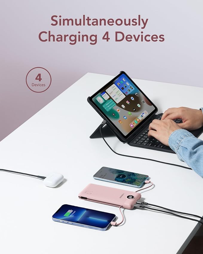 VEGER Portable Charger with Built-in AC Plug and Cables, All in One 10000mAh Ultra Slim Power Bank Travel Essentials, Fast Charging Battery Pack Compatible with iPhone, Samsung, Android (Crepe) - Image 4