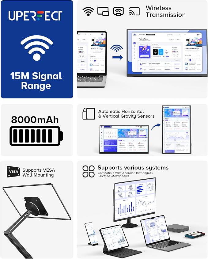 UPERFECT Wireless Portable Monitor with Battery 8000mAh, 15.6" 1080P FHD Ultra Slim Travel Monitor with Stand/VESA/Sleeve, External Second Screen for Laptop, PC, Phone, Support AirPlay Miracast - Image 2