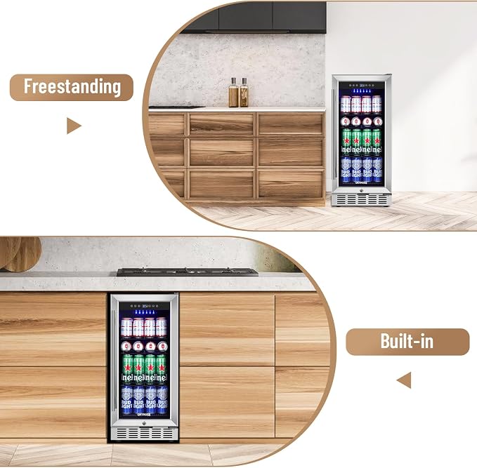 15 Inch Beverage Refrigerator, 130 Can Capacity Under Counter Fridge with Lock & Glass Door, Quiet Built-in or Freestanding Beer Cooler, Powerful Compressor for Fast Cooling - Image 4