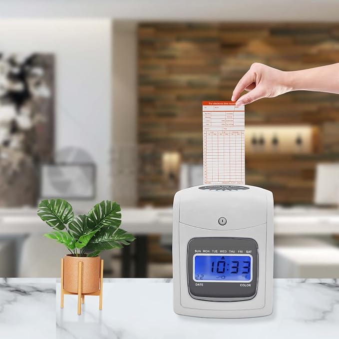 Time Clock Punch Card Machine, LCD Employee Attendance Tracker, Auto-Absorb & - Image 3