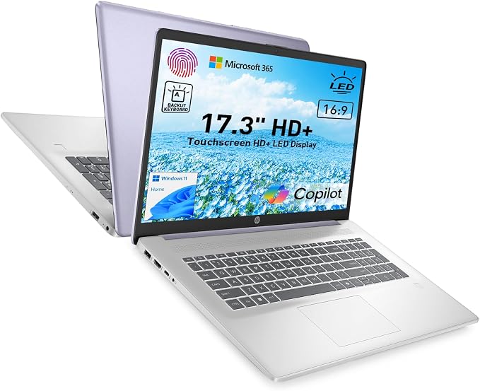 HP 17.3" Touchscreen Laptop w/Microsoft 365, 8GB RAM, 128GB SSD, Webcam w/Shutter, Fingerprint Reader, Backlit Keyboard, Microsoft Copilot Key, Intel Quad-Core CPU, Win11, Lavender by Unknown