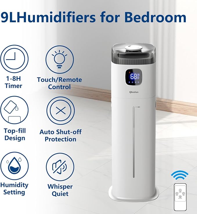 Large Humidifier for Bedroom, 9L/2.5Gal Ultrasonic Cool Mist, Easy Clean with 350ML/H Large Mist Speed, Remote control, Quiet Tower, Suitable for Kids Room Plant Yoga - Image 2