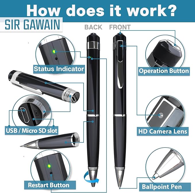 SIRGAWAIN Premium Body Camera Pen — Full HD 1080p Video & Photos, Motion - Image 5