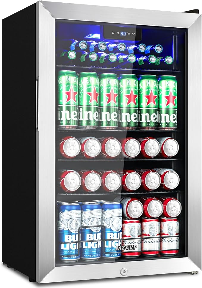 20 Inch Beverage Refrigerator Cooler, 145 Cans Mini Fridge with Glass Door&Lock, Small Drink Cooler Freestanding/Counter-Top for Soda, Beer with LED Light for Home Bar Office - 3.4 Cu.Ft, Silver by MZAVP
