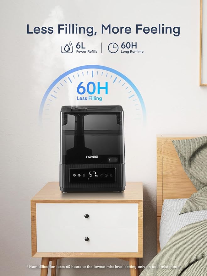 FOHERE Smart Humidifiers for Bedroom, 6L Warm and Cool Mist Quiet Humidifier with 60H Runtime, Humidity Control, Oil Diffuser, Sleep Mode, 12H Timer, Light, Top Fill Ultrasonic for Home Baby Plant - Image 3