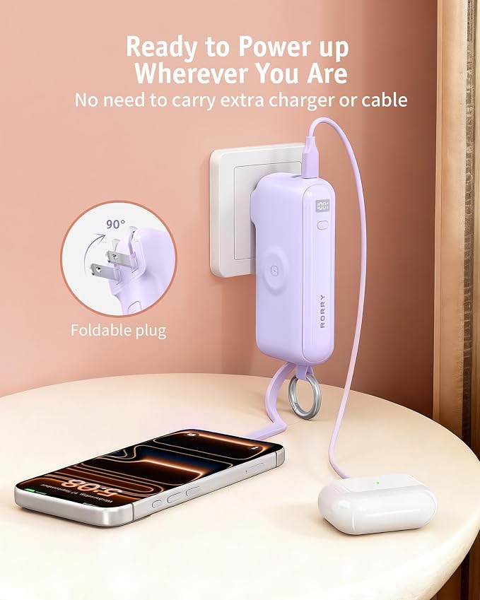 RORRY Flow Portable Charger, 10000mAh 40W Fast Charging Power Bank with Built-in USB C Cable and Foldable Wall Plug, Battery Pack Travel Essentials for iPhone 17/16/15, Apple Watch, iPad, MacBook - Image 6