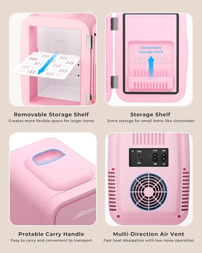 BEICHEN Mini Fridge 4 Liter/6 Can Portable Compact Refrigerator | for Bedroom Office Dorm Car, Fast Cooling, Low Noise, 100-125V AC/5-12V USB, for Skincare, Food, Drinks(Pink) - Image 8