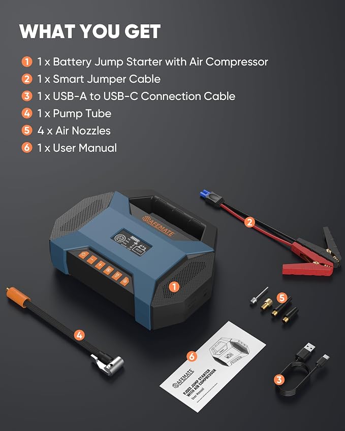 2500A Car Jump Starter with Air Compressor - 120PSI Tire Inflator, 40W Fast Charging, 48.84Wh Portable Power Bank, Voltage Tester for 8L Gas/6L Diesel Engines - Image 6