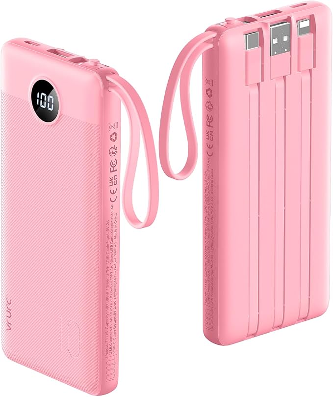 VRURC Portable Phone Charger, Travel Portable Charger with 4 Cables, 5 Outputs 2 Inputs Slim USB C Power Bank, Built-in Cables Cords for iPhone 17 16 15 14 13,Samsung,Android-Barbie Pink(1 Pack) by Home