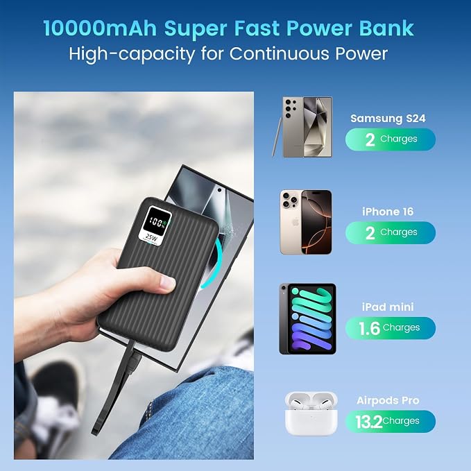 25W Super Fast Charging Portable Charger Power Bank with Built in Cable, 10000mAh Slim USB C Power Bank for Samsung Galaxy S26 Ultra/S26/S26+/S25 Ultra/S25/S24 Ultra/S24/S23 Ultra/S22 Ultra/Note 20 - Image 7