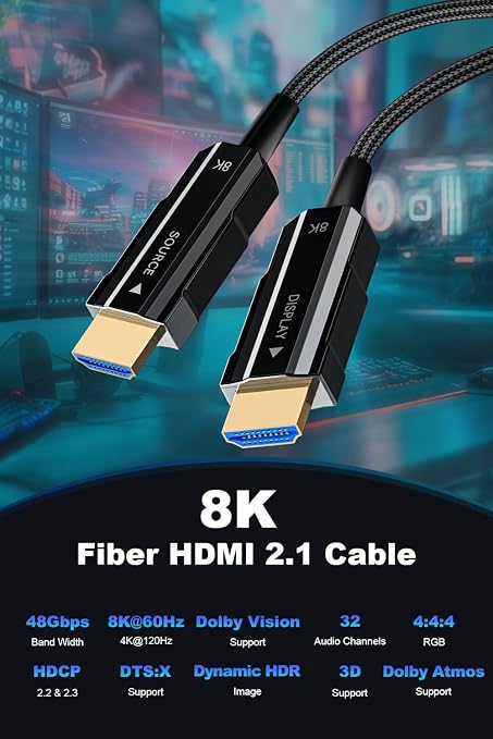 8K Long HDMI 2.1 Cable 66ft, Fiber Optic HDMI Braided Cord, High Speed Active - Image 3