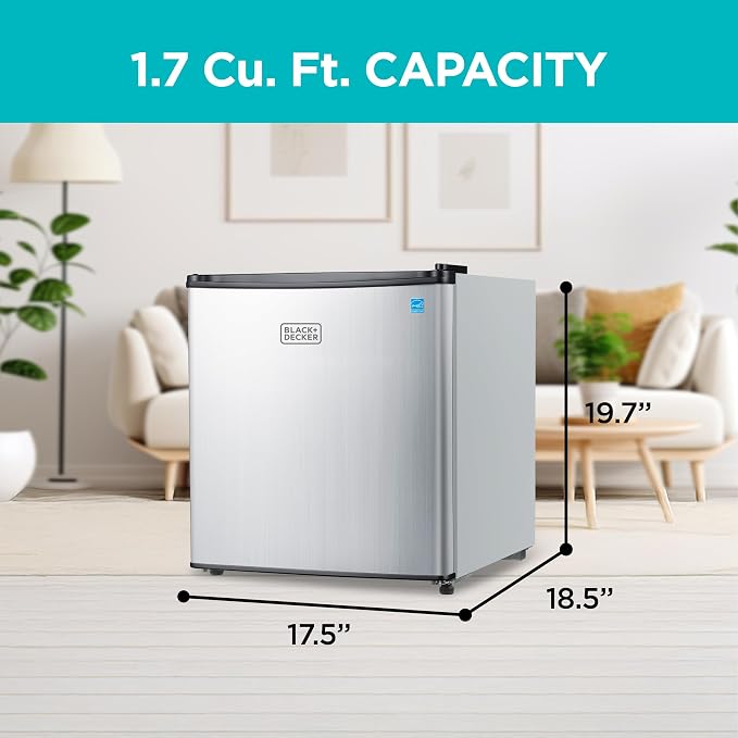 BLACK+DECKER 1.7 Cu. Ft. Compact Refrigerator, BCRK17V, Stainless Look | Energy Star Certified, Single Door Mini Fridge with Chiller Compartment, Personal Fridge for Home or Dorm, R600a Refrigerant - Image 3