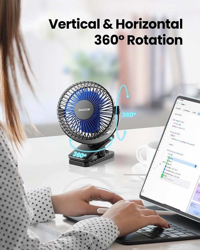 Gaiatop Portable Clip on Fan Battery Operated, Small Powerful 3 Speed Quiet 360° Rotate, USB Rechargeable Mini Personal Cooling Fan for Desk Table Home Office Stroller Camping Women Gifts Black Blue - Image 2