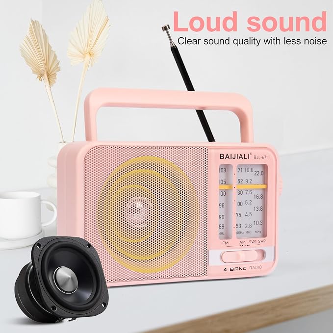 Portable AM/FM Transistor Radio with Loud Speaker, Battery or USB Powered - Compact Emergency Radio for Indoor, Outdoor, Travel & Storms (BJL-671, Pink) - Image 5