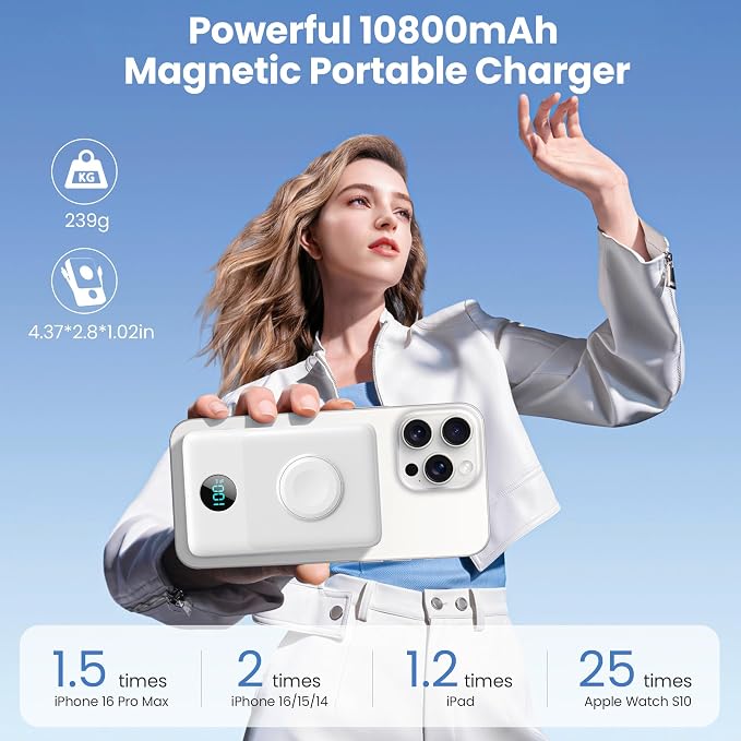 Magnetic Portable Charger for MagSafe with Built-in Cable, iWatch Charger, 10800mAh Wireless Power Bank Travel Essentials, 25W PD Fast Charging Battery Pack for iPhone 17/16/15/14/13,Apple Watch-White - Image 2