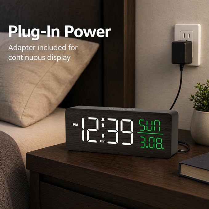 Peakeep Wooden Digital Alarm Clock Large Display, Textured Decoration - Image 2