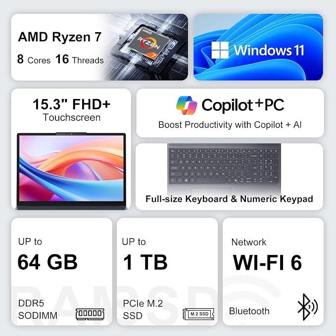 Lenovo IdeaPad Slim 3 15.3" FHD+ Touchscreen Laptop, Latest Gen AMD Ryzen 7 170(＞i5-13420H), Radeon 680M Graphics, 16GB DDR5, 1TB SSD, Wi-Fi 6, Numeric Keypad, Wind 11H, Grey, Bundle PCO Cooler - Image 2