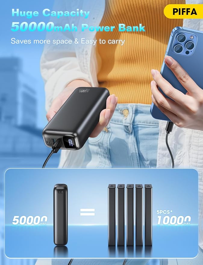 PIFFA Portable Charger Power Bank - 50000mAh Battery Pack, 22.5W Fast Charging Powerbank,Travel Essential for Portable Phone Charger, USB-C Phone Charger for iPhone 17/16/15/14/13 Samsung Google-Dark - Image 3