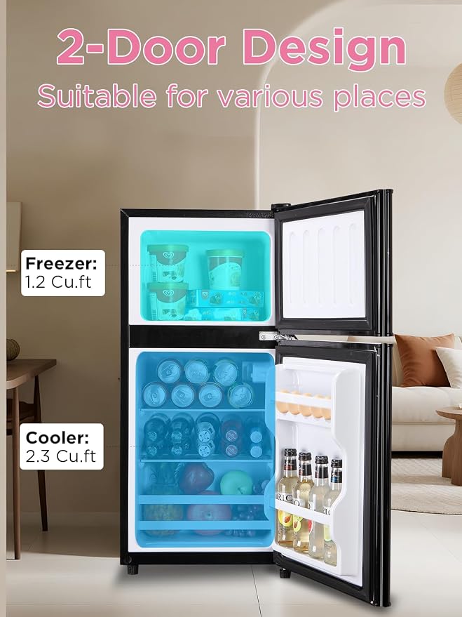 F.W.WOOLWORTHS 3.5 Cu.Ft Refrigerator with Freezer | Compact Fridge with 2 Doors for Office, Kitchen, Dorm and Bedroom, 7 Level Temp Adjustable Thermostat, Black - Image 3