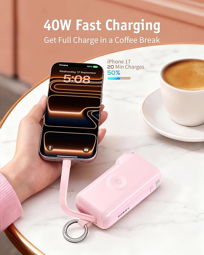 RORRY Flow Portable Charger, 10000mAh 40W Fast Charging Power Bank with Built-in USB C Cable and Foldable Wall Plug, Battery Pack Travel Essentials for iPhone 17/16/15, Apple Watch, iPad, MacBook - Image 4