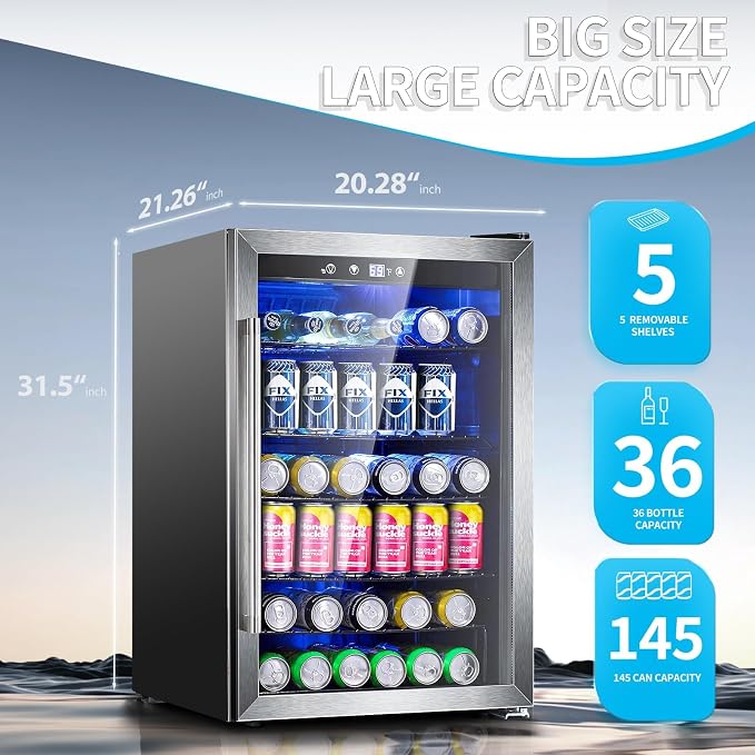 Antarctic Star Beverage Refrigerator,145 Can Mini Fridge,Freestanding wine cooler for Soda Beer or Wine,Glass Door, Small Drink Dispenser Machine, Touch Screen for Home Office or Bar, 4.5 cu.ft - Image 4