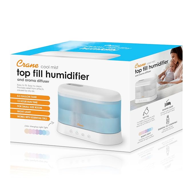 Crane 1.9 Liter Top Fill Cool Mist Humidifier & Essential Oil Diffuser, Whisper-Quiet, 15-Hour Run Time, Night Light, Small Room Air Humidifier, Humidifiers For Bedroom Kids - Image 7