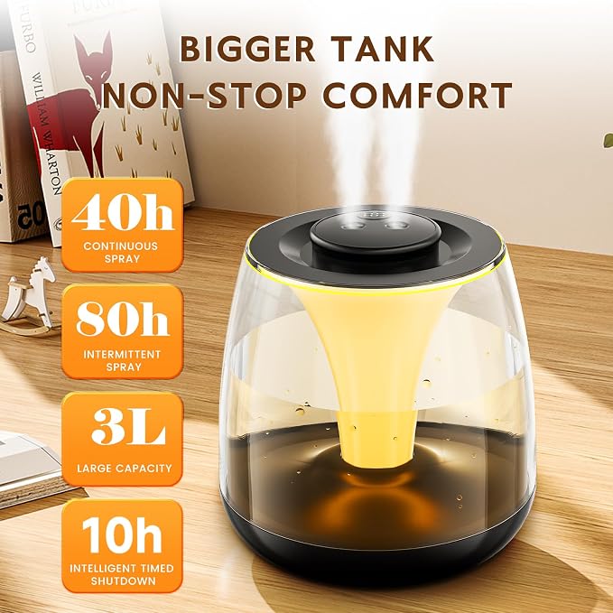 Humidifiers for Bedroom, 3 L Cool Mist Top-Fill 40H Super Long Time, 23dB Quiet, Baby Humidifier, Oil Diffuser for Large Room, Plants, Nursery, Office, Colored lights (black) - Image 2