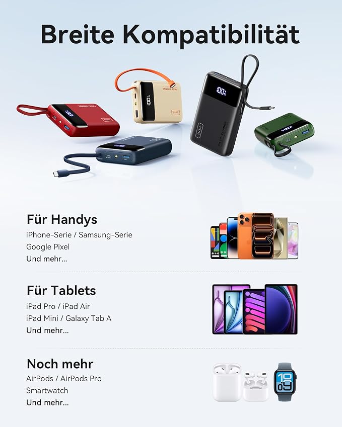 INIU 20000mAh Power Bank, Small Portable Charger, 45W PD Fast Charging Battery Pack with Build in USB-C Cable, Travel Phone Charger for iPhone 17 16 15 14 Air Samsung S25 S24 Google iPad Xiaomi, White - Image 8
