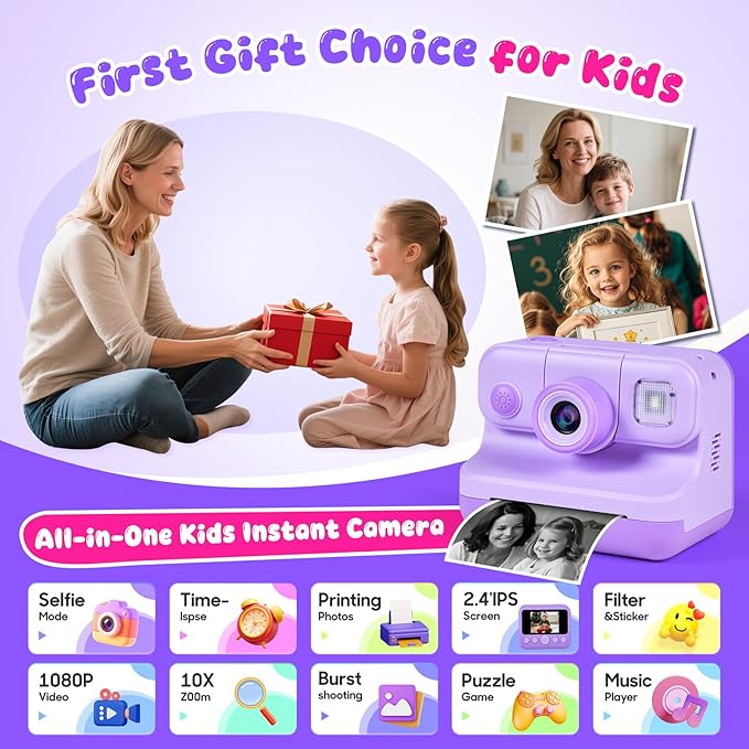 Kids Instant Print Camera with Carrying Bag, 1080P HD Digital Camera - Image 6