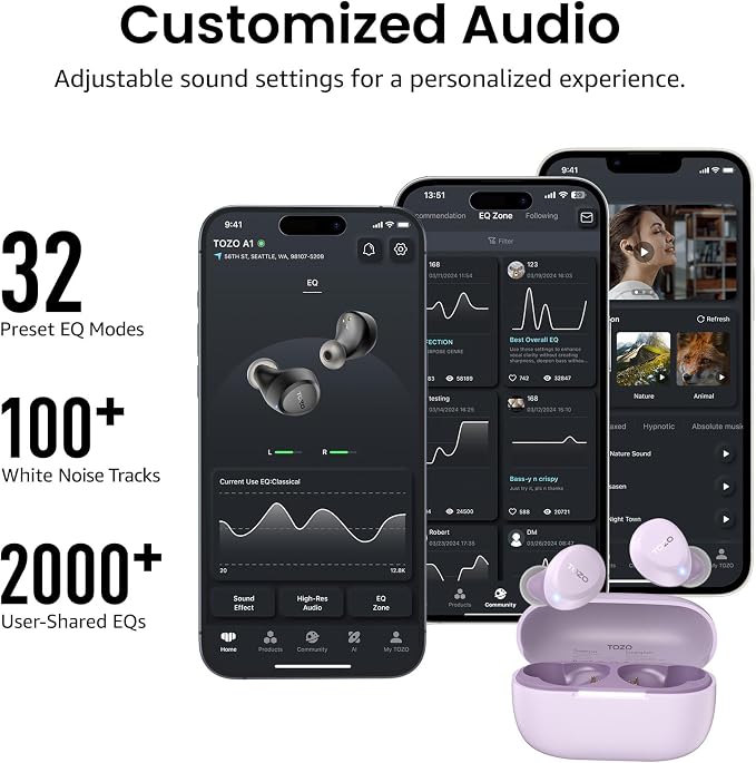 TOZO A1 Wireless Earbuds Bluetooth 5.3 Light Weight in Ear Headphones | IPX5 Waterproof, 2 Mics for AI Calls, Immersive Premium Sound Bass Ear buds with Charging Case, 32 Presets EQ via TOZO App - Image 7