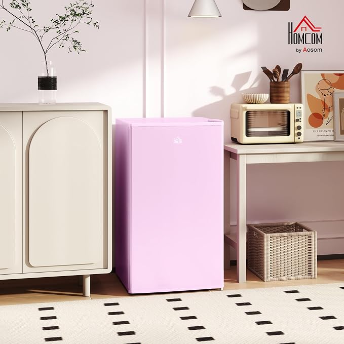 HOMCOM 3.2 Cu.Ft Mini Fridge with Freezer Single Reversible Door Pink | Compact Refrigerator, Adjustable Thermostat, Shelf, for Bedroom Dorm Home Office, Energy Efficient - Image 2
