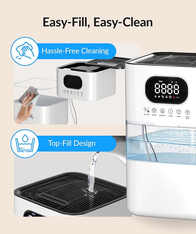 AreShark Humidifier Large Room, 2.2 Gal/8.5L Cool Warm Mist Air Humidifiers for Bedroom, 65H Runtime, Humidity Setting, Easy to Clean, Top Fill, 30dB Quiet, 550ft² Coverage, for Plants, Adults, Kids - Image 8