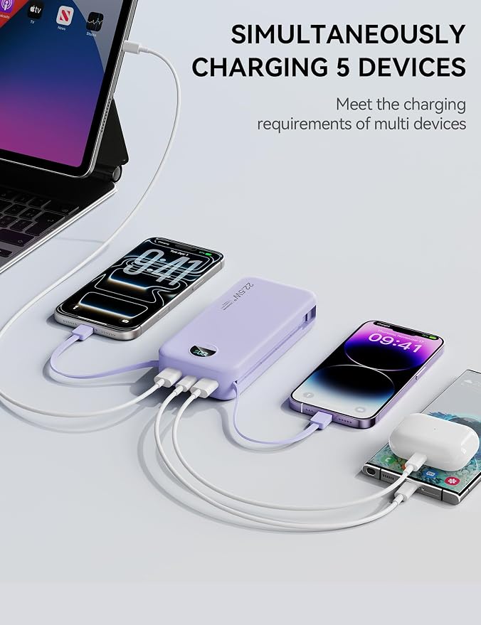 Portable Charger, 20000mAh 22.5W Fast Charging Power Bank with Built-in Cables & Wall Plug, USB C External Battery Pack with LED Display, Travel Essentials Phone Charger for iPhone iPad Samsung Purple - Image 6