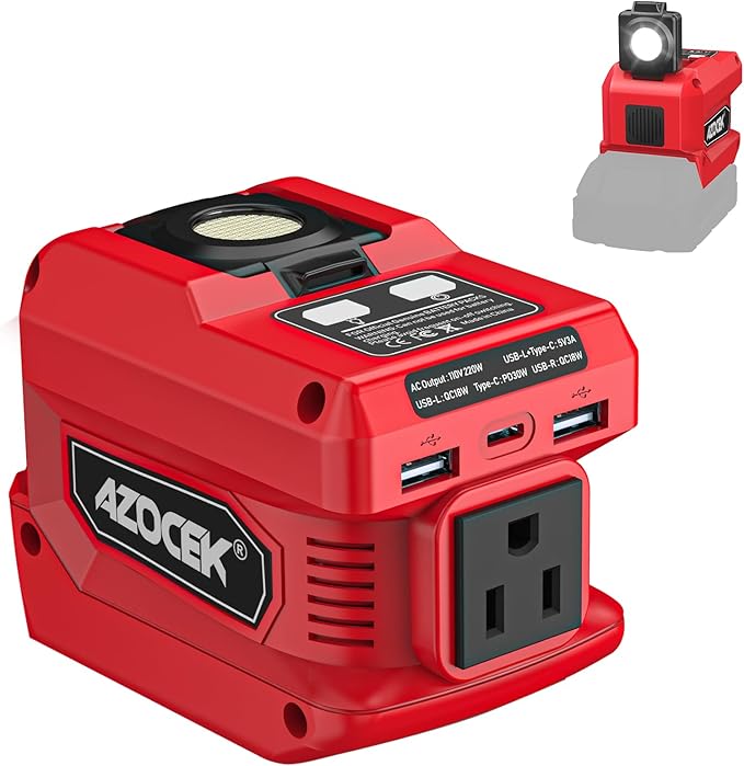 220W Azocek Power Inverter Compatible with Milwaukee 18V Battery, DC 18V to AC 110V Portable Power Station with 1 AC Outlet, 2 USB Ports & 1 Type-C Fast Charging, 400LM LED Work Light by Azocek